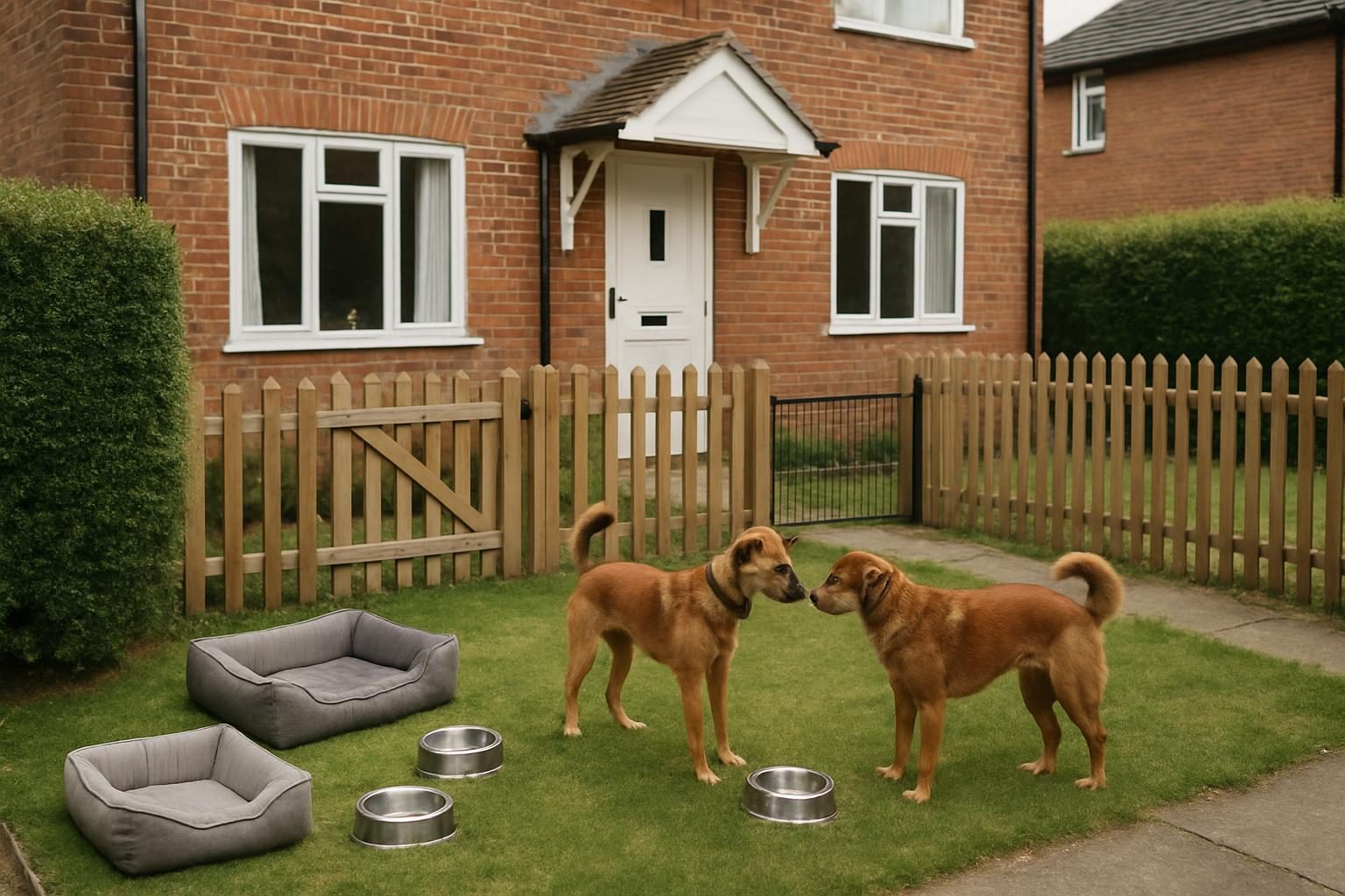Front garden of a British home set up for dog boarding: secure gate, fenced outdoor area, two medium dogs playing near dog beds and bowls, no people visible, daylight, editorial st