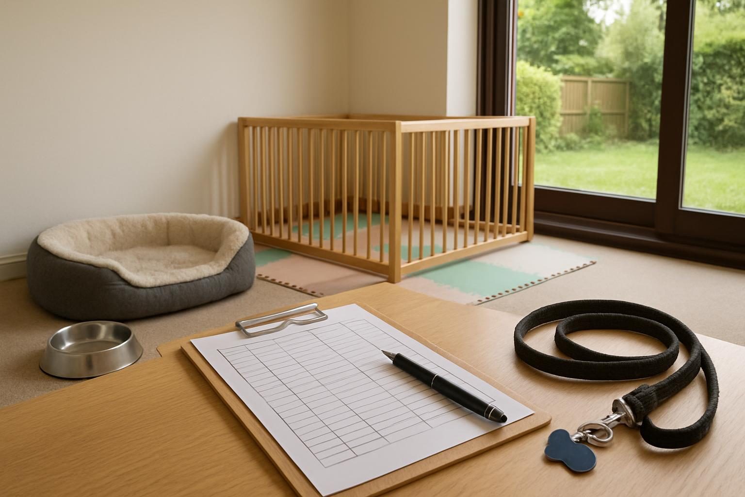 Tidy British home set up for dog boarding: a clean indoor area with a dog bed, bowl and a clipboard showing an attendance sheet, no people visible