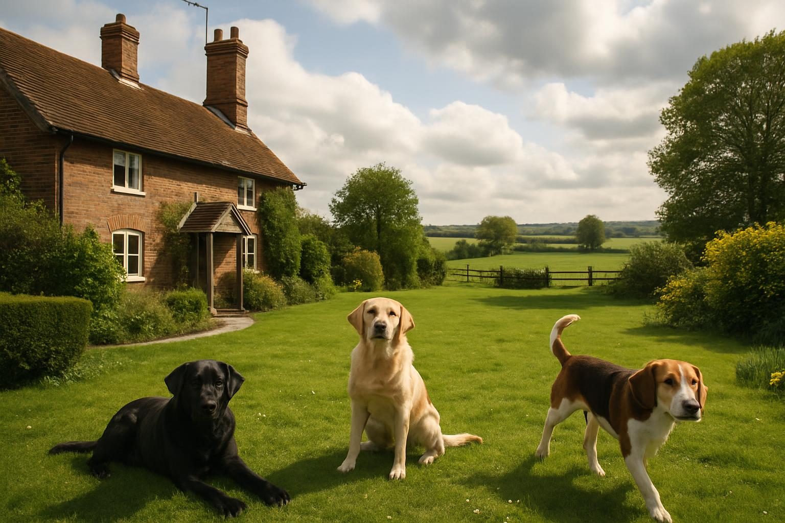 Calm staged on-lead meet & greet between a visiting dog and a resident dog at a British home, handlers present but faces not identifiable, neutral daylight