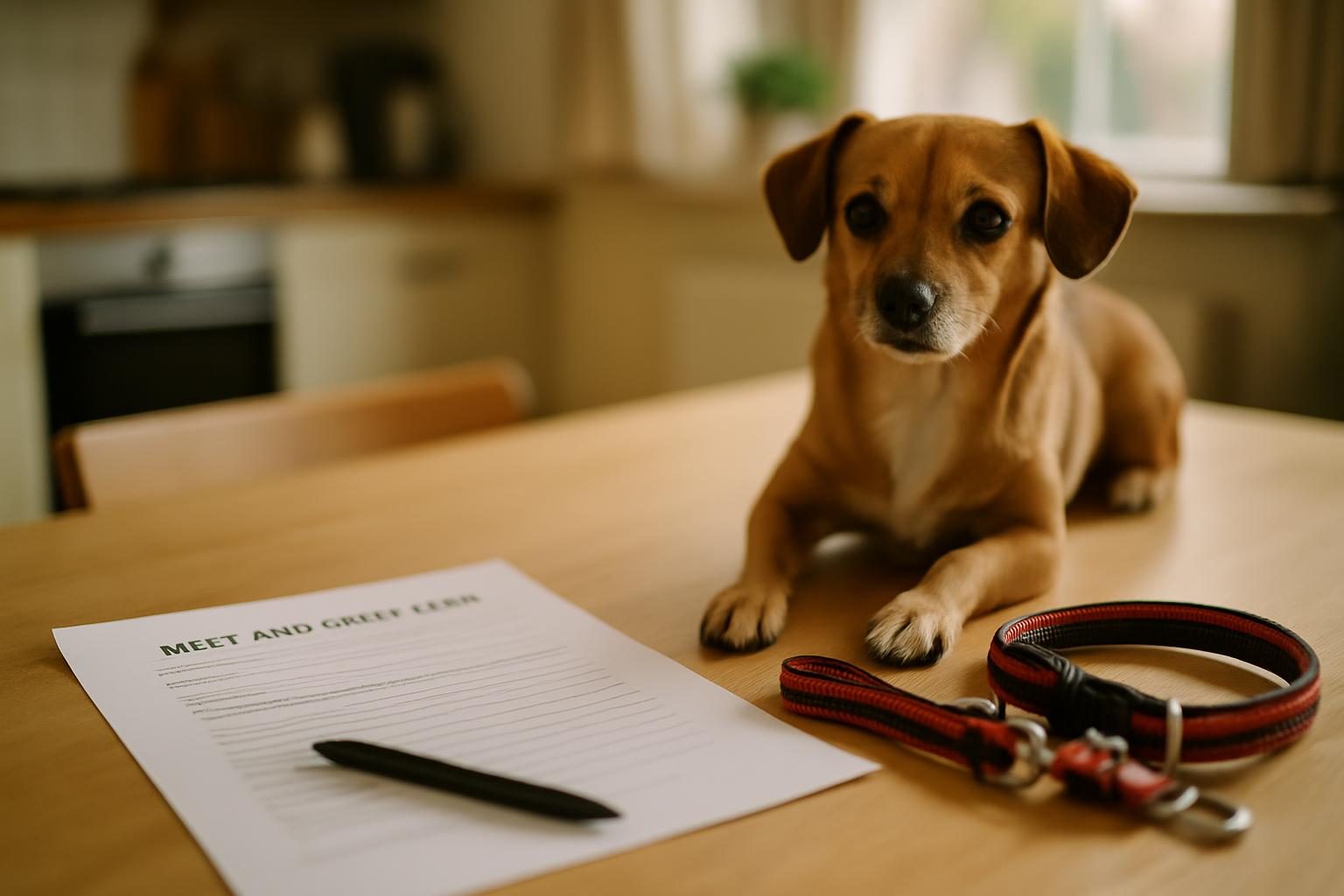 Photorealistic editorial image of a British home boarding scene showing a printed meet-and-greet form on a kitchen table with a pen, dog lead and a small dog waiting nearby in natu